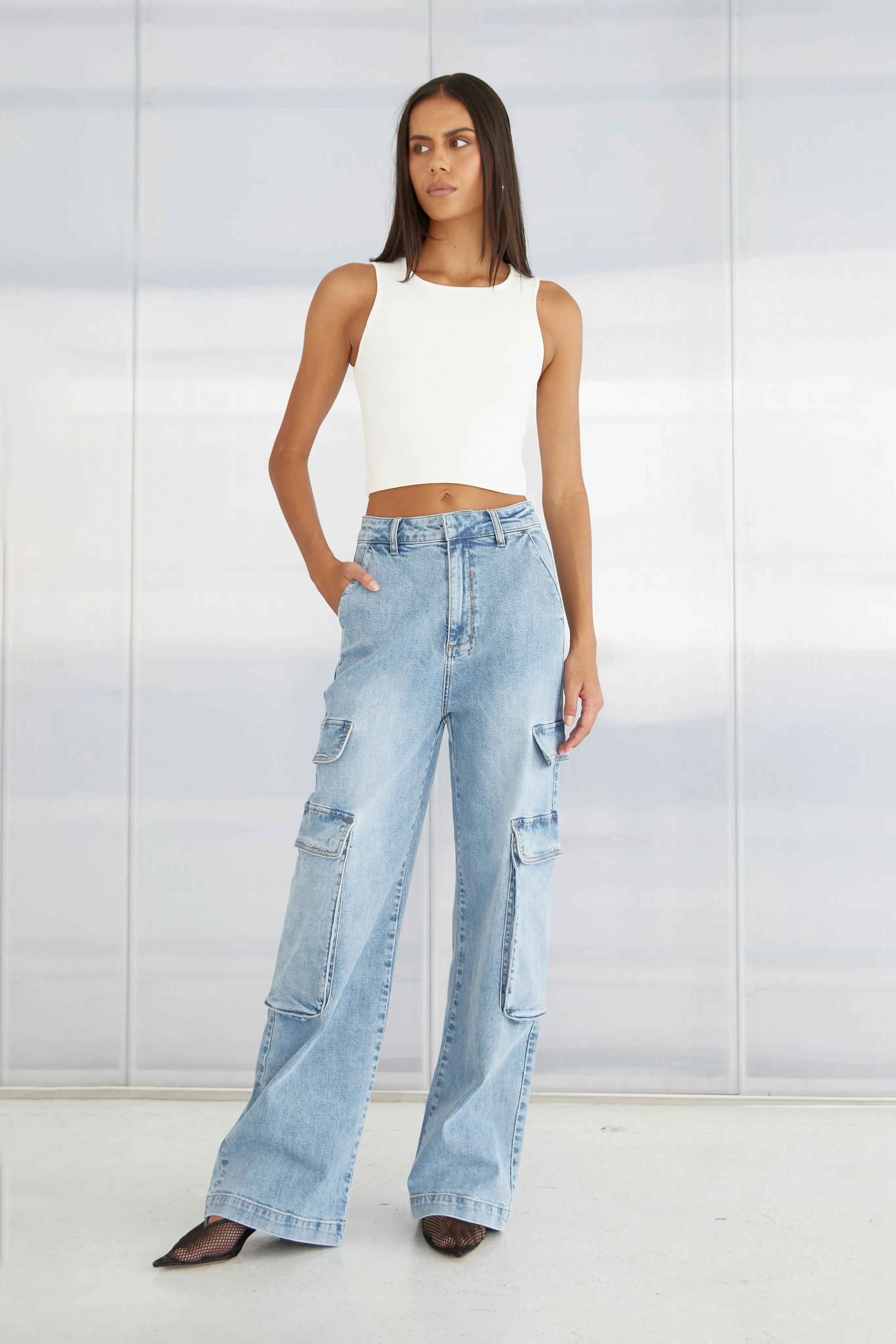 Cargo Straight Leg Denim Pants