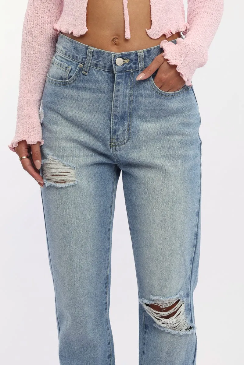 Denim Straight Jeans High Rise Knee Slit