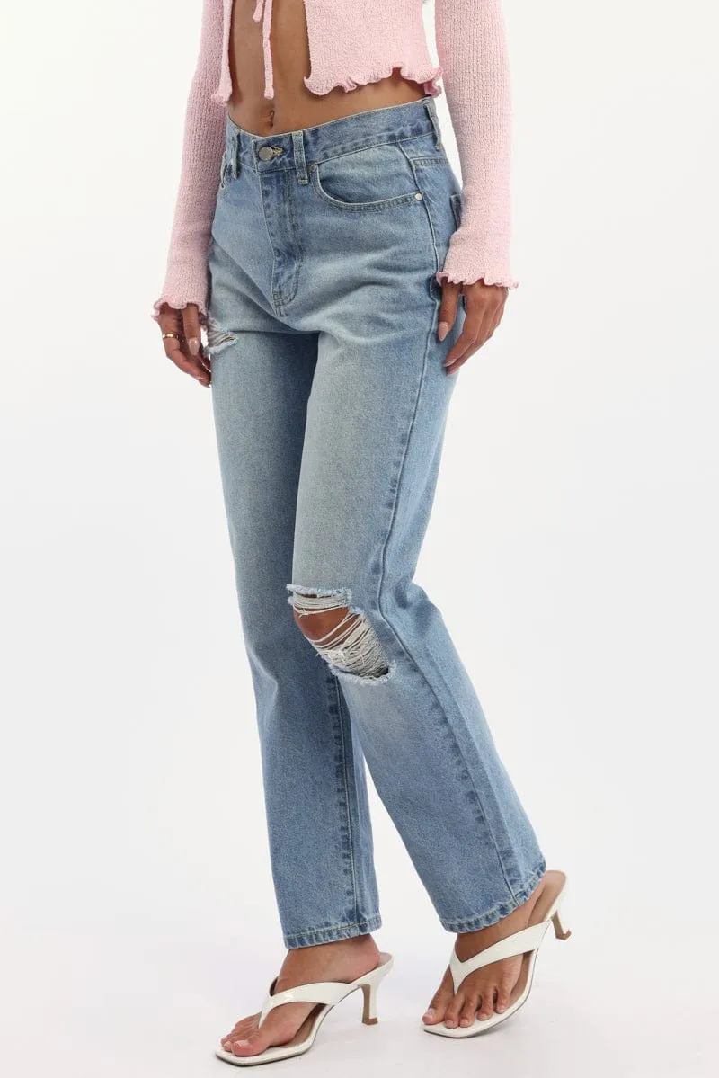Denim Straight Jeans High Rise Knee Slit