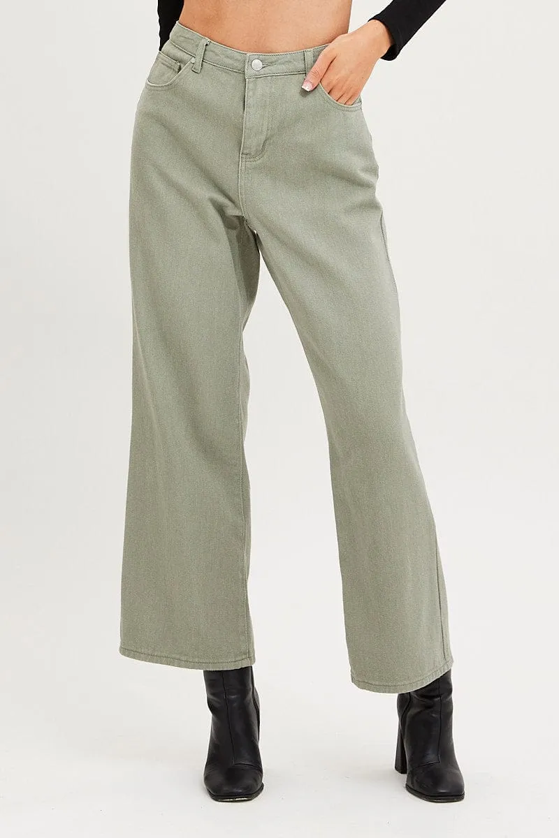 Green Wide Leg Denim Jeans High Rise