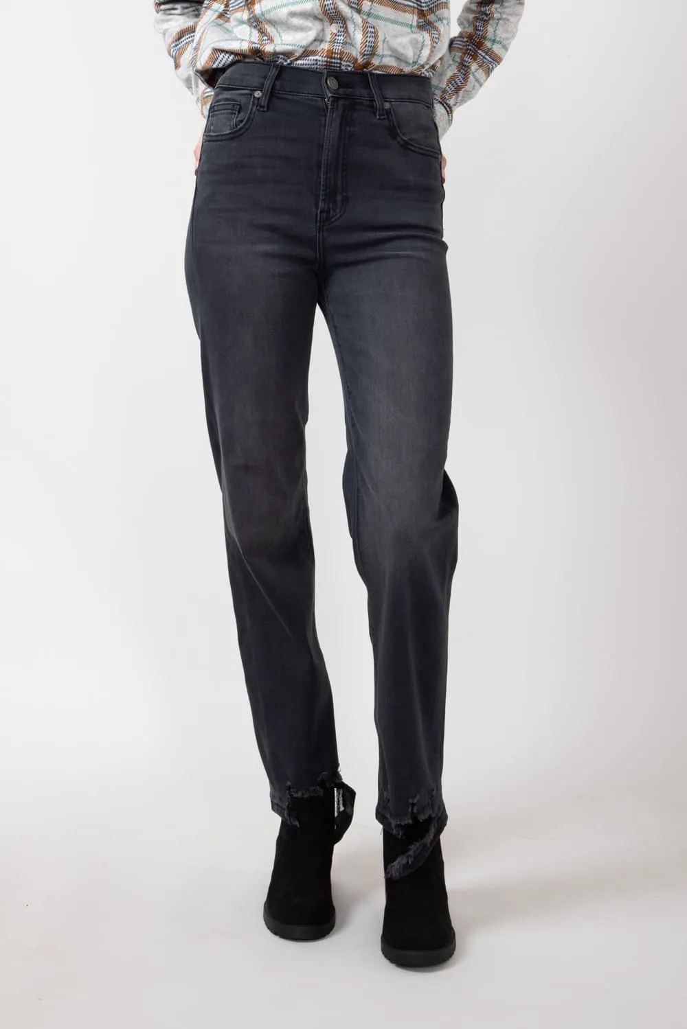 Hidden Destroyed Hem Straight Jeans for Women in Black | HD1399RS-BLK