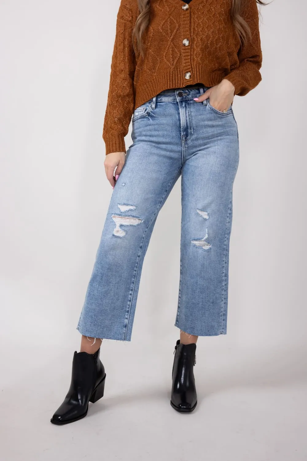 Hidden High Rise Cropped Wide Straight Leg Jeans for Women | HD1633WS-ML