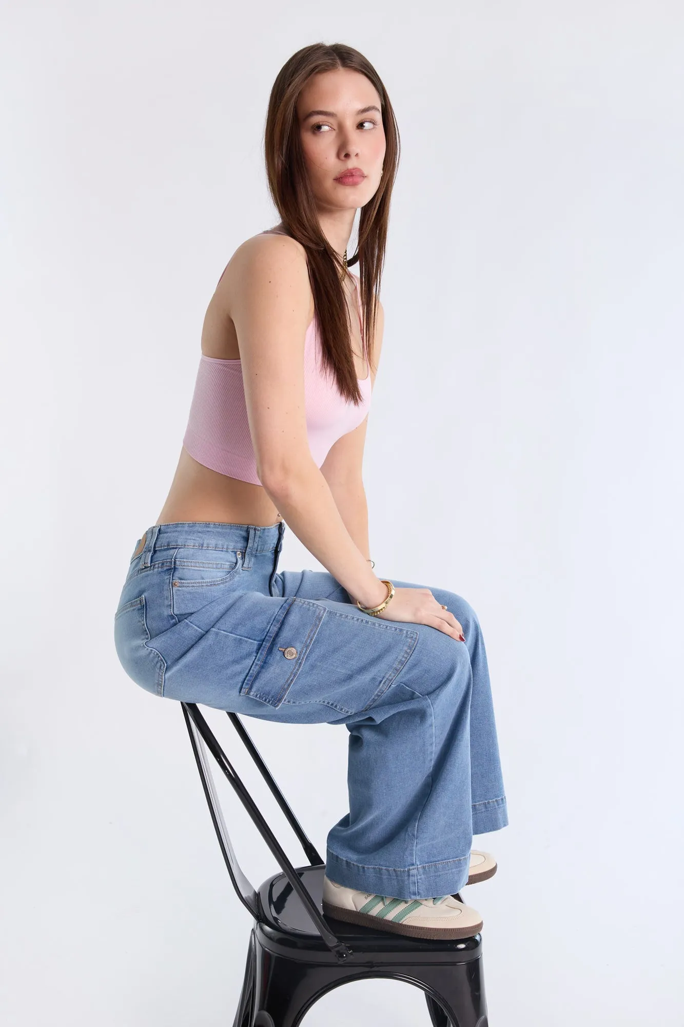 Mid Rise Cargo Wide Leg Jeans