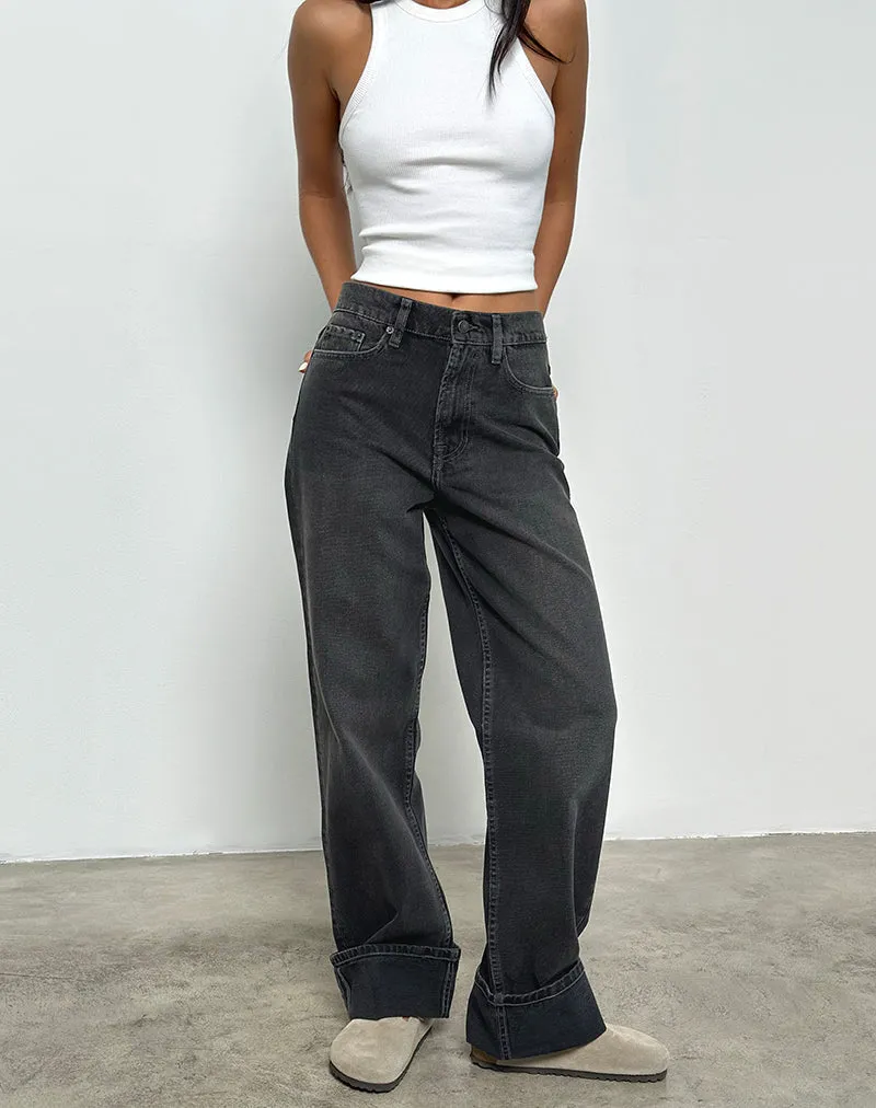 Mid Rise Turn Up Straight Jeans in Washed Black Grey