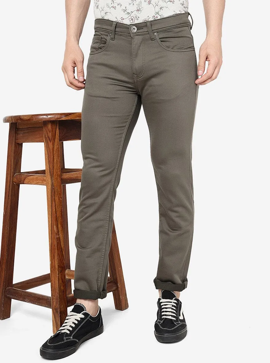 Olive Green Solid Narrow Fit Jeans | Greenfibre
