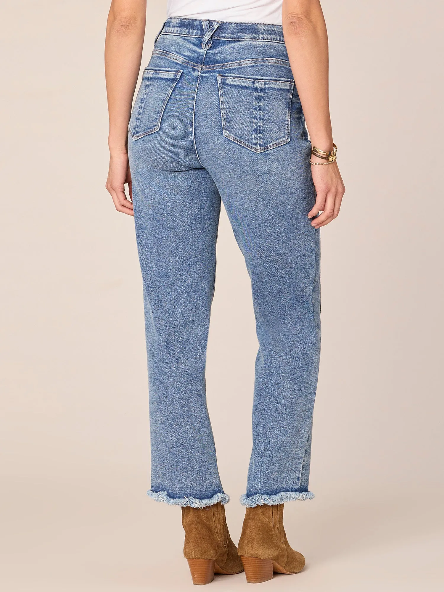 "Ab"solution High Rise Ankle Length Straight Leg Jeans with Fray Hem