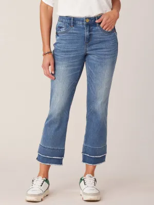 "Ab"solution Mid-Rise Blue Double Layer Fray Hem Kick Flare Jeans