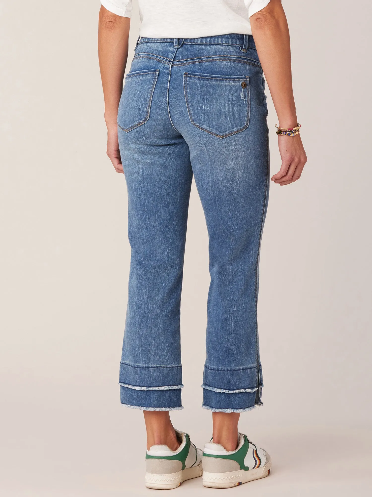 "Ab"solution Mid-Rise Blue Double Layer Fray Hem Kick Flare Jeans