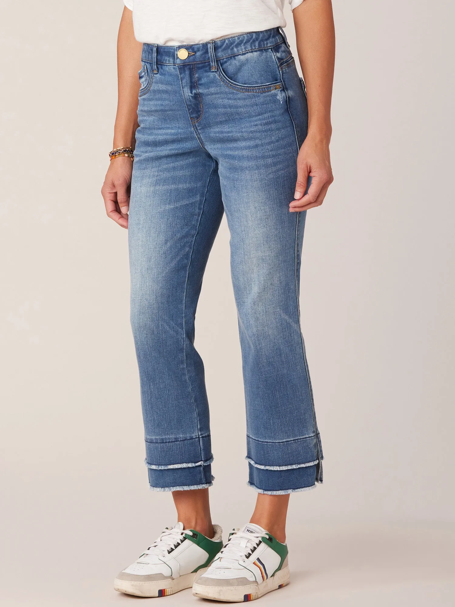 "Ab"solution Mid-Rise Blue Double Layer Fray Hem Kick Flare Jeans