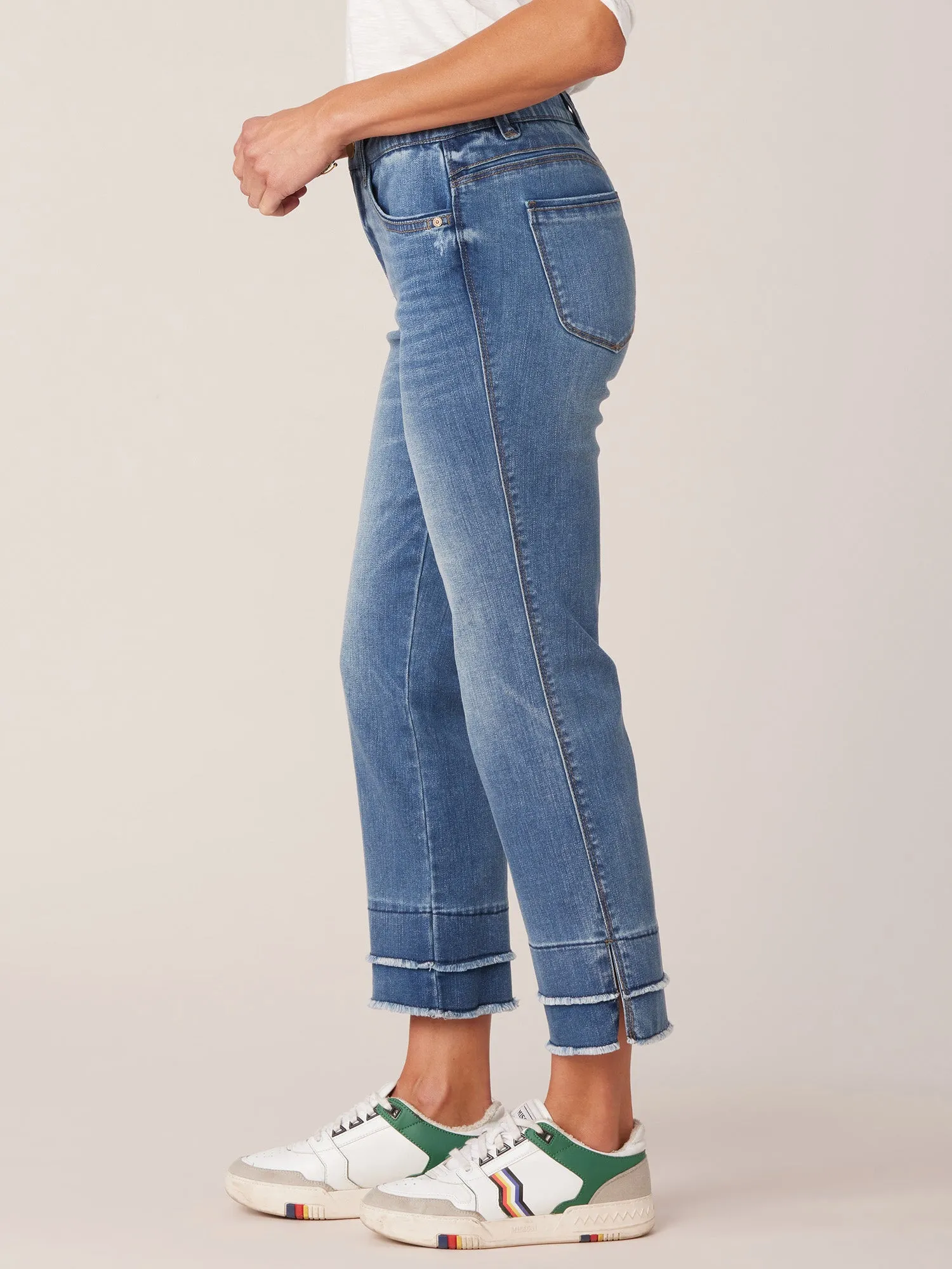 "Ab"solution Mid-Rise Blue Double Layer Fray Hem Kick Flare Jeans