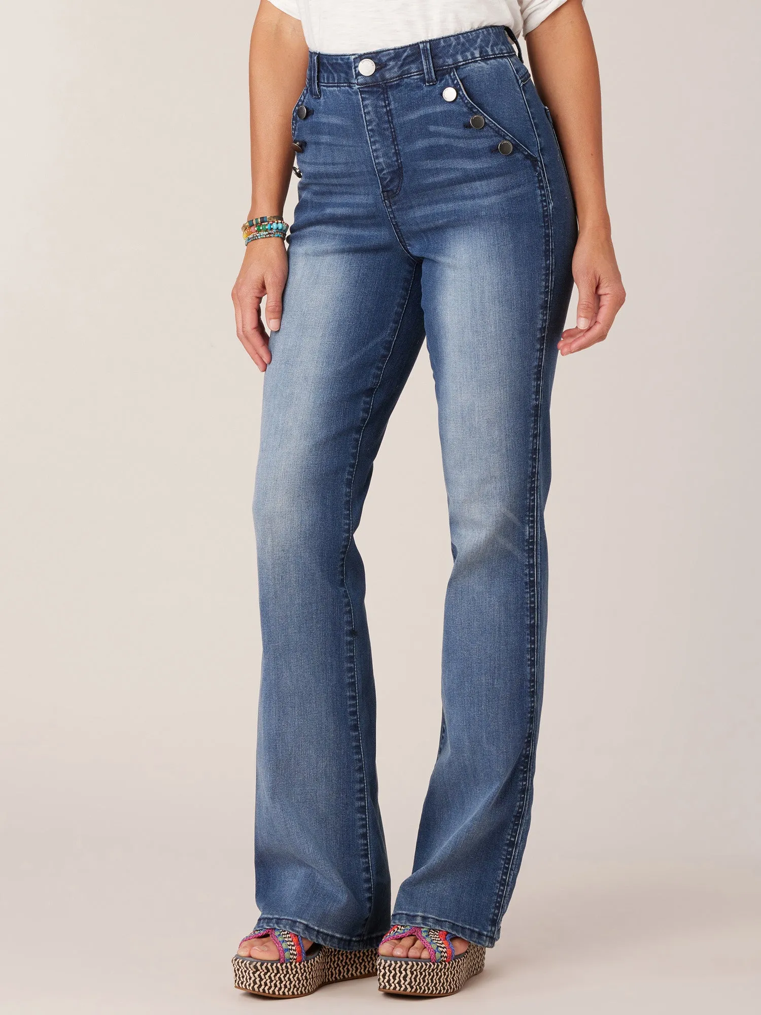 "Ab"solution Sailor Button Long Flare Petite Jeans