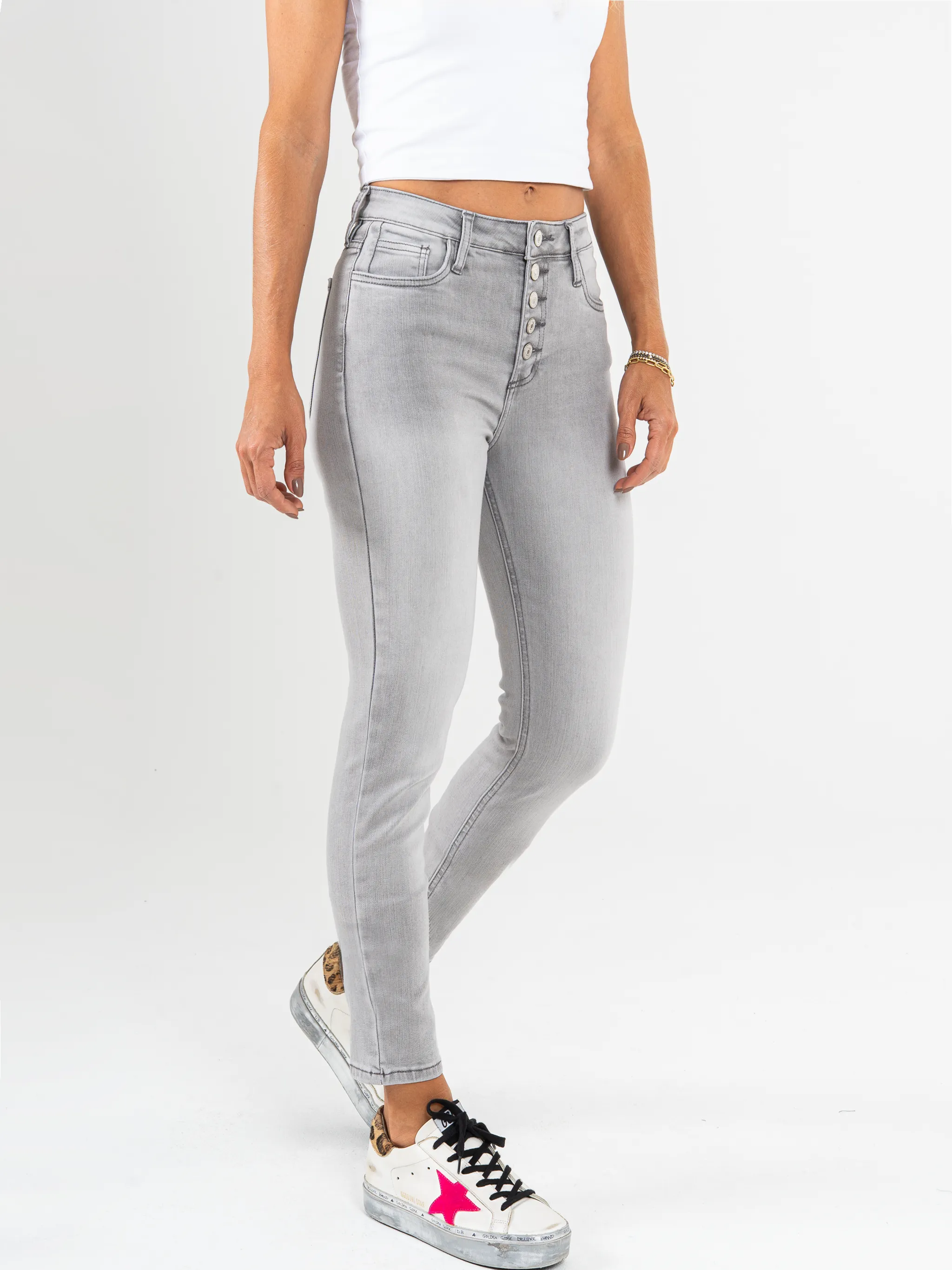 Ref: 065679 Jean skinny, stretch, tiro alto, botones delanteros, gris claro