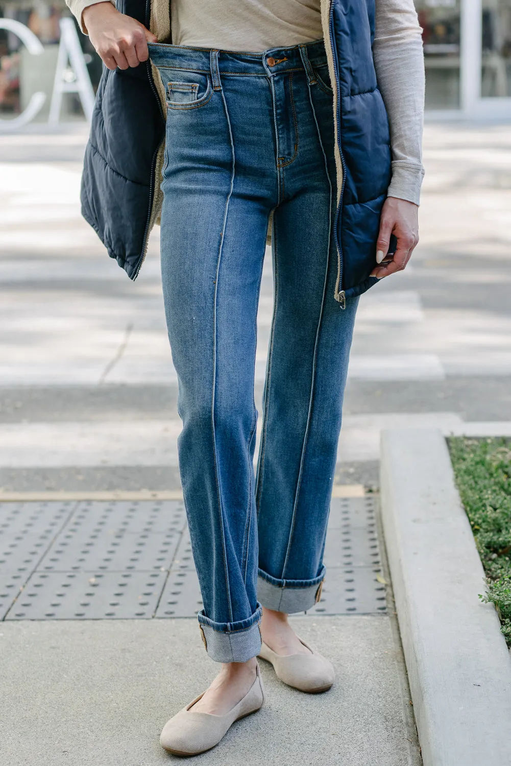Sally High Rise Front Seam Detail & Cuffed Straight Fit Jeans