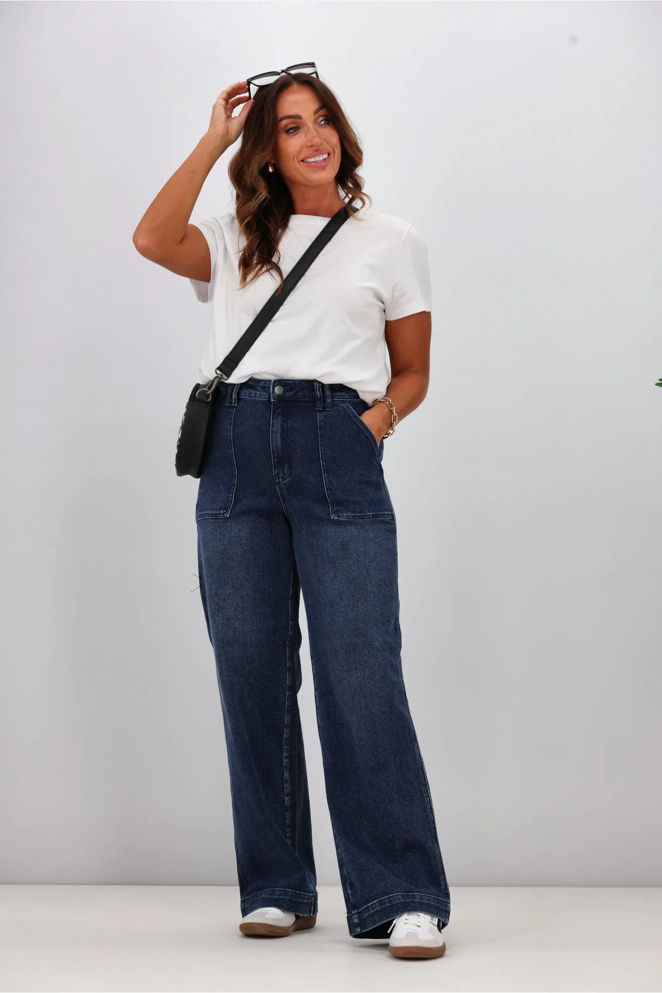Shine On Label Noah Wide Leg Patch Pocket Jeans Indigo