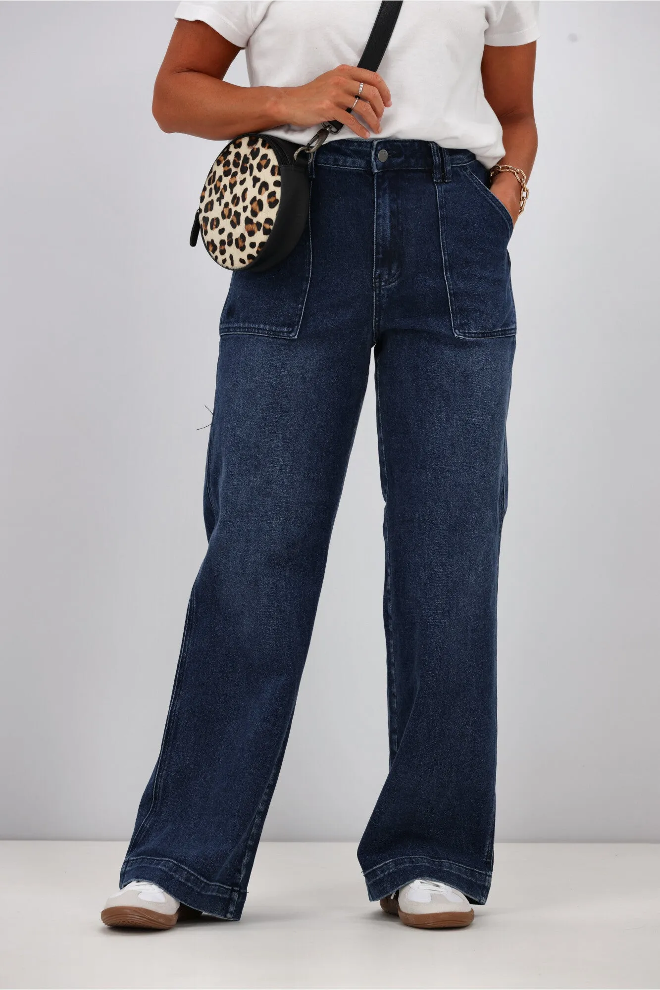 Shine On Label Noah Wide Leg Patch Pocket Jeans Indigo